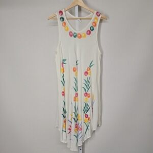 Creations White Floral Hand Painted Sleeveless Tank Dress Free Size Tropical